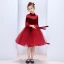 Chic / Belle Bordeaux Daim Transparentes Robe Ceremonie Fille 2019 Princesse Noeud Col Haut Gonflée 3/4 Manches Étoile Tulle Thé Longueur Volants Robe Pour Mariage