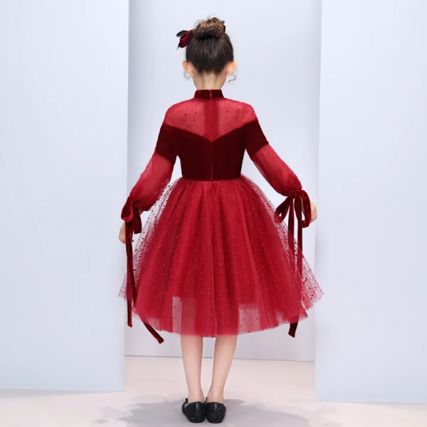 Chic / Beautiful Burgundy Suede See-through Flower Girl Dresses 2019 A-Line / Princess Bow High Neck Puffy 3/4 Sleeve Star Tulle Tea-length Ruffle Wedding Party Dresses