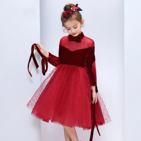 Chic / Beautiful Burgundy Suede See-through Flower Girl Dresses 2019 A-Line / Princess Bow High Neck Puffy 3/4 Sleeve Star Tulle Tea-length Ruffle Wedding Party Dresses