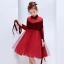 Chic / Belle Bordeaux Daim Transparentes Robe Ceremonie Fille 2019 Princesse Noeud Col Haut Gonflée 3/4 Manches Étoile Tulle Thé Longueur Volants Robe Pour Mariage