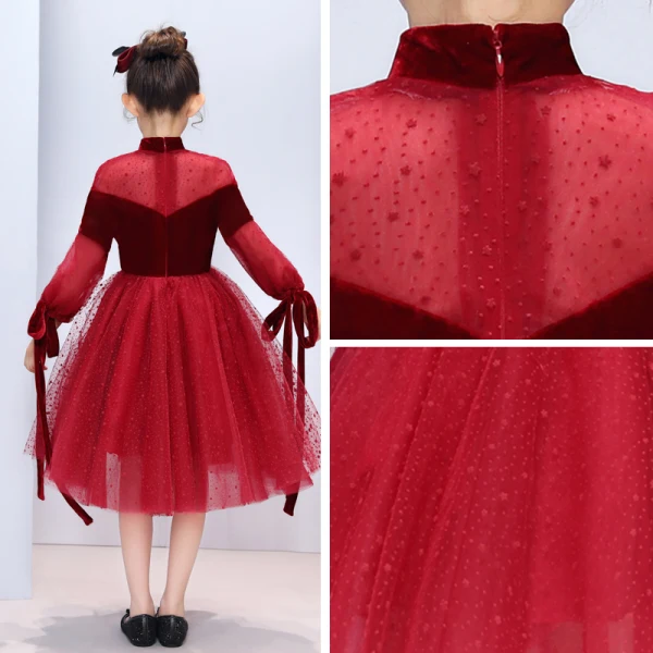 Chic / Beautiful Burgundy Suede See-through Flower Girl Dresses 2019 A-Line / Princess Bow High Neck Puffy 3/4 Sleeve Star Tulle Tea-length Ruffle Wedding Party Dresses