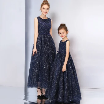 Chic Beautiful Navy Blue Prom Dresses 2019 A Line Princess Square Neckline Sleeveless Glitter Sequins Bow Sash Floor Length Long Ruffle Formal Dresses