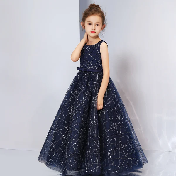 Piękne Granatowe Sukienki Na Bal 2019 Princessa Kwadratowy Dekolt Bez Rękawów Cekinami Cekiny Kokarda Szarfa Długie Wzburzyć Sukienki Wizytowe