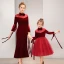 Chic / Belle Bordeaux Daim Transparentes Robe De Soirée 2019 Noeud Col Haut Gonflée 3/4 Manches Étoile Tulle Thé Longueur Volants Robe De Ceremonie