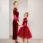Chic / Belle Bordeaux Daim Transparentes Robe De Soirée 2019 Noeud Col Haut Gonflée 3/4 Manches Étoile Tulle Thé Longueur Volants Robe De Ceremonie