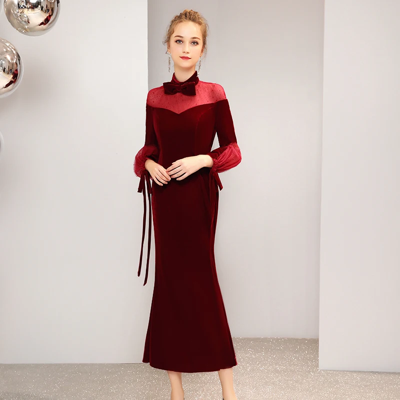Chic Beautiful Burgundy Suede See Through Evening Dresses 2019 Bow High  Neck Puffy 3 4 Sleeve Star Tulle Tea Length Ruffle Formal Dresses