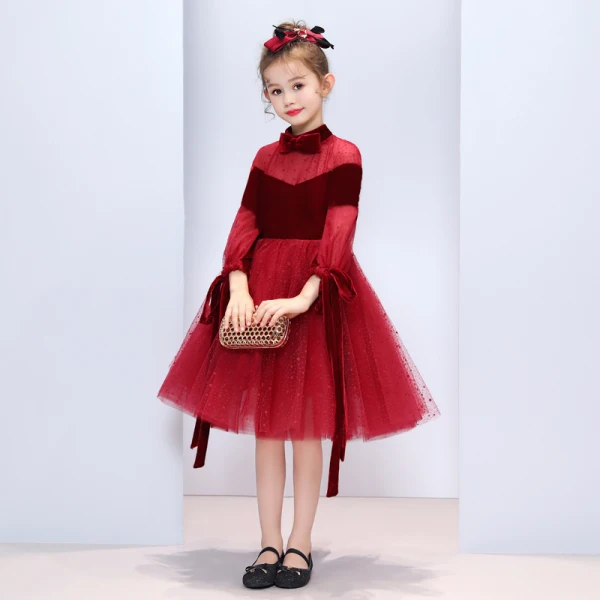 Chic / Belle Bordeaux Daim Transparentes Robe De Soirée 2019 Noeud Col Haut Gonflée 3/4 Manches Étoile Tulle Thé Longueur Volants Robe De Ceremonie