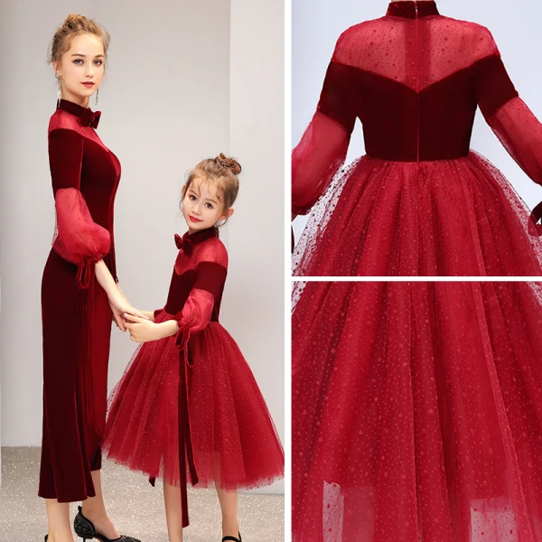 Chic / Belle Bordeaux Daim Transparentes Robe De Soirée 2019 Noeud Col Haut Gonflée 3/4 Manches Étoile Tulle Thé Longueur Volants Robe De Ceremonie
