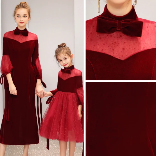 Chic / Belle Bordeaux Daim Transparentes Robe De Soirée 2019 Noeud Col Haut Gonflée 3/4 Manches Étoile Tulle Thé Longueur Volants Robe De Ceremonie