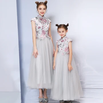 Chinese Style Grey Evening Dresses 2019 A Line Princess High Neck Cap Sleeves Embroidered Flower Rhinestone Ankle Length Ruffle Formal Dresses