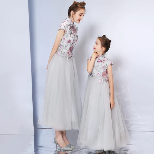 Chinese style Grey Evening Dresses  2019 A-Line / Princess High Neck Cap Sleeves Embroidered Flower Rhinestone Ankle Length Ruffle Formal Dresses