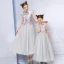 Chinese style Grey Evening Dresses  2019 A-Line / Princess High Neck Cap Sleeves Embroidered Flower Rhinestone Ankle Length Ruffle Formal Dresses