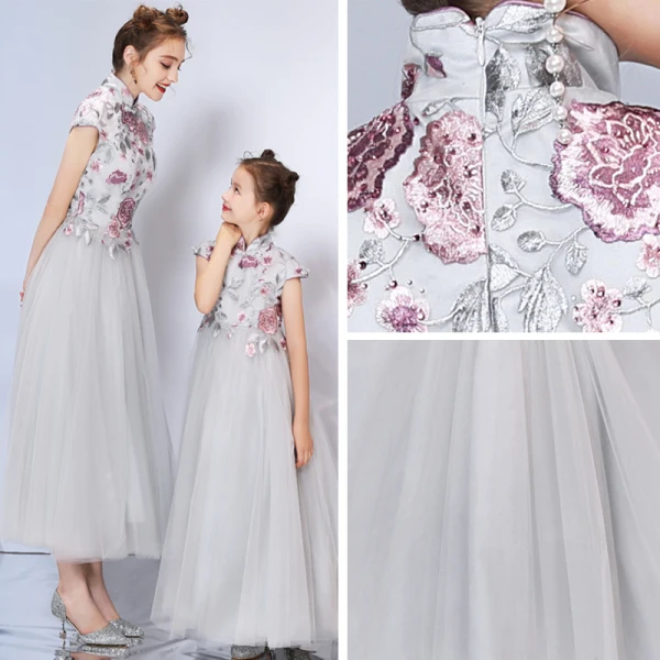 Chinese style Grey Evening Dresses  2019 A-Line / Princess High Neck Cap Sleeves Embroidered Flower Rhinestone Ankle Length Ruffle Formal Dresses