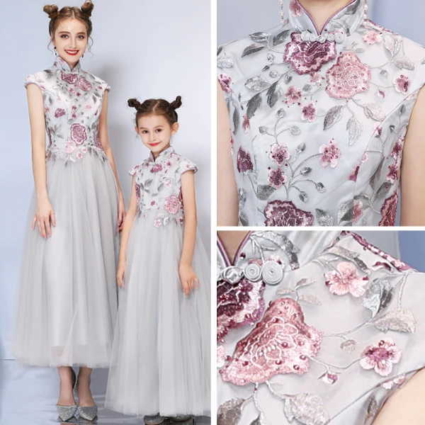 Chinese style Grey Evening Dresses  2019 A-Line / Princess High Neck Cap Sleeves Embroidered Flower Rhinestone Ankle Length Ruffle Formal Dresses