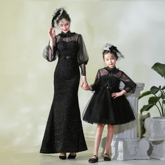 Vintage Originale Noire Transparentes Robe De Soirée 2019 Col Haut Gonflée 3 4 Manches Tachetée Tulle Volants Robe De Ceremonie