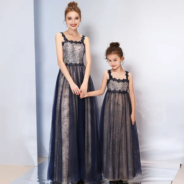 Bling Bling Navy Blue Evening Dresses  2019 A-Line / Princess Shoulders Sleeveless Glitter Tulle Floor-Length / Long Ruffle Backless Formal Dresses