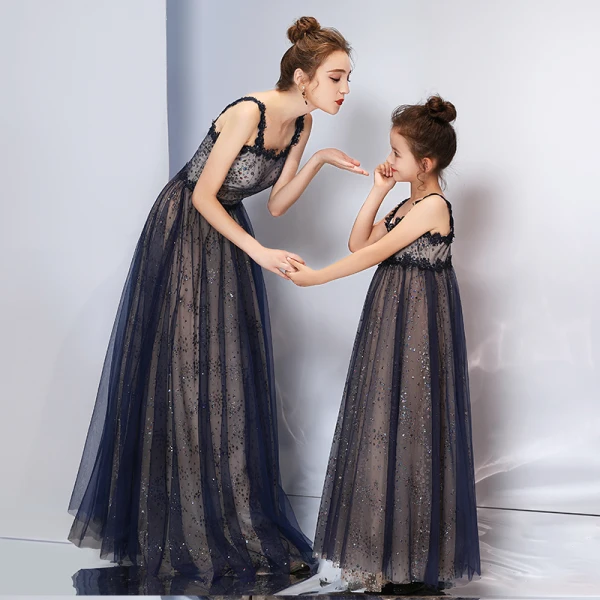 Bling Bling Navy Blue Evening Dresses  2019 A-Line / Princess Shoulders Sleeveless Glitter Tulle Floor-Length / Long Ruffle Backless Formal Dresses