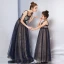 Bling Bling Navy Blue Evening Dresses  2019 A-Line / Princess Shoulders Sleeveless Glitter Tulle Floor-Length / Long Ruffle Backless Formal Dresses