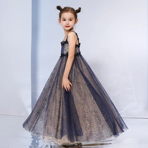 Bling Bling Navy Blue Evening Dresses  2019 A-Line / Princess Shoulders Sleeveless Glitter Tulle Floor-Length / Long Ruffle Backless Formal Dresses