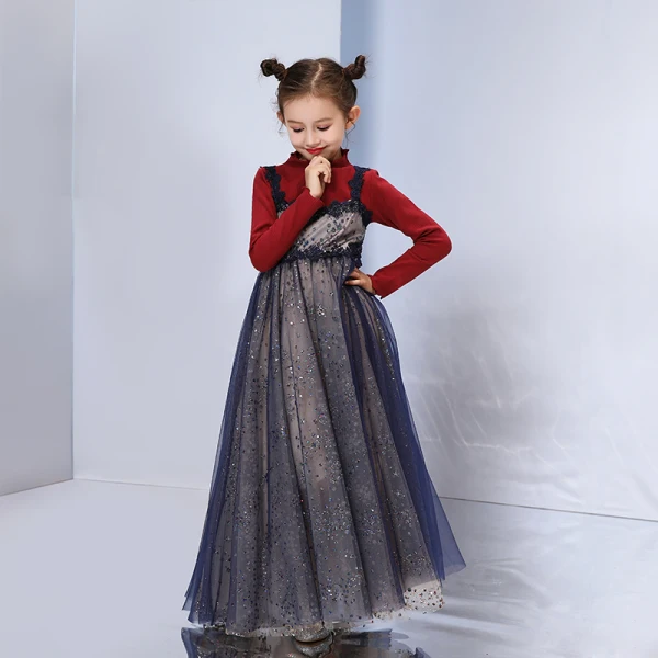 Bling Bling Navy Blue Evening Dresses  2019 A-Line / Princess Shoulders Sleeveless Glitter Tulle Floor-Length / Long Ruffle Backless Formal Dresses