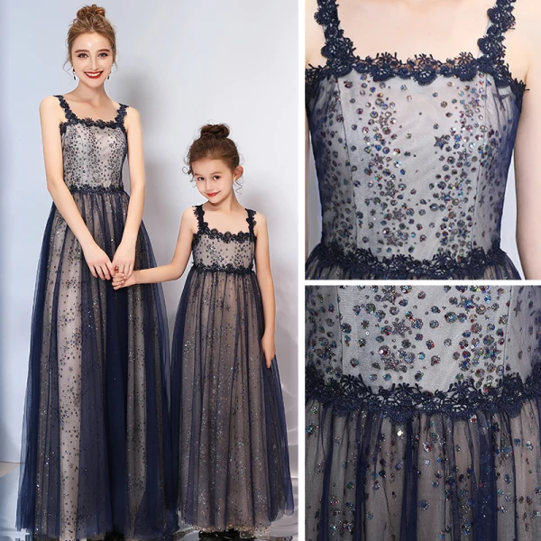 Bling Bling Navy Blue Evening Dresses  2019 A-Line / Princess Shoulders Sleeveless Glitter Tulle Floor-Length / Long Ruffle Backless Formal Dresses
