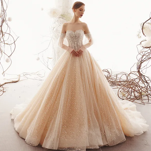 Elegant Champagne Lace Wedding Dresses 2019 A-Line / Princess Sweetheart Detachable Bell sleeves Backless Beading Pearl Cathedral Train Ruffle