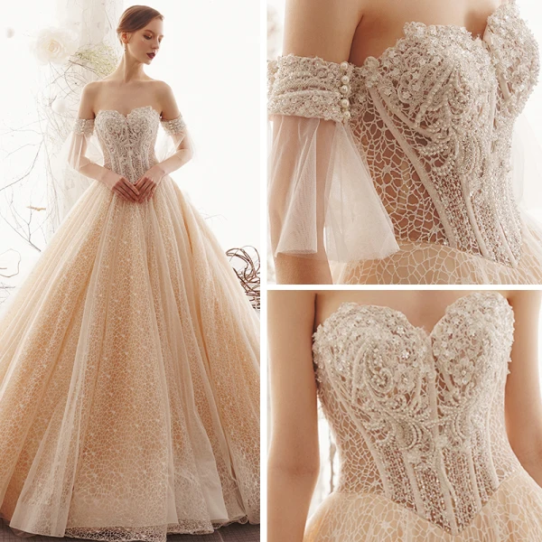 Elegant Champagne Blonder Brudekjoler 2019 Prinsesse Kjæreste Avtakbar Bell ermer Ryggløse Beading Perle Cathedral Train Buste