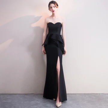 Chic Belle Noire Robe De Soirée 2019 Trompette Sirène Amoureux Sans Manches Fendue Devant Longue Dos Nu Robe De Ceremonie