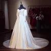 Modest / Simple Ivory Satin Wedding Dresses 2019 A-Line / Princess Off-The-Shoulder Puffy Long Sleeve Backless Chapel Train Ruffle