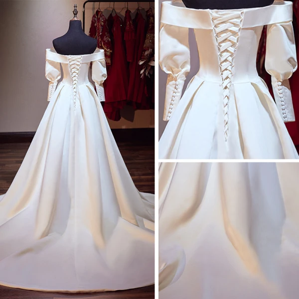 Modest / Simple Ivory Satin Wedding Dresses 2019 A-Line / Princess Off-The-Shoulder Puffy Long Sleeve Backless Chapel Train Ruffle