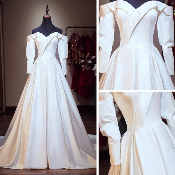 Modest / Simple Ivory Satin Wedding Dresses 2019 A-Line / Princess Off-The-Shoulder Puffy Long Sleeve Backless Chapel Train Ruffle