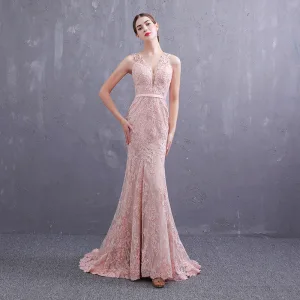 Meilleur Perle Rose Transparentes Robe De Soirée 2019 Trompette Sirène Col V Profond Sans Manches Ceinture Appliques En Dentelle Perle Train De Balayage Volants Robe De Ceremonie