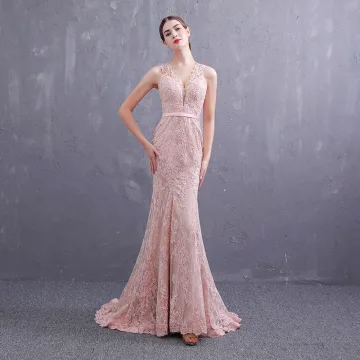 Meilleur Perle Rose Transparentes Robe De Soirée 2019 Trompette Sirène Col V Profond Sans Manches Ceinture Appliques En Dentelle Perle Train De Balayage Volants Robe De Ceremonie