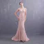 Meilleur Perle Rose Transparentes Robe De Soirée 2019 Trompette / Sirène Col v profond Sans Manches Ceinture Appliques En Dentelle Perle Train De Balayage Volants Robe De Ceremonie