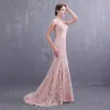 Best Pearl Pink See-through Evening Dresses  2019 Trumpet / Mermaid Deep V-Neck Sleeveless Sash Appliques Lace Pearl Sweep Train Ruffle Formal Dresses