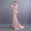 Meilleur Perle Rose Transparentes Robe De Soirée 2019 Trompette / Sirène Col v profond Sans Manches Ceinture Appliques En Dentelle Perle Train De Balayage Volants Robe De Ceremonie