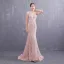 Meilleur Perle Rose Transparentes Robe De Soirée 2019 Trompette / Sirène Col v profond Sans Manches Ceinture Appliques En Dentelle Perle Train De Balayage Volants Robe De Ceremonie