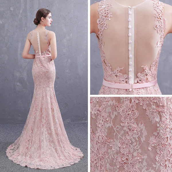 Meilleur Perle Rose Transparentes Robe De Soirée 2019 Trompette / Sirène Col v profond Sans Manches Ceinture Appliques En Dentelle Perle Train De Balayage Volants Robe De Ceremonie