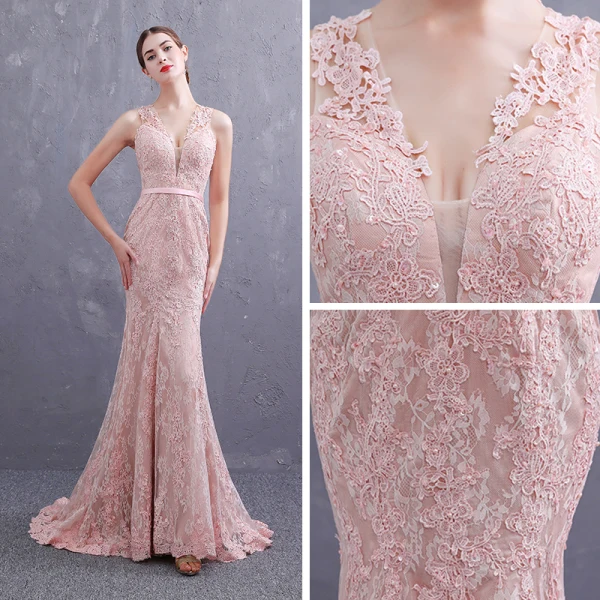 Meilleur Perle Rose Transparentes Robe De Soirée 2019 Trompette / Sirène Col v profond Sans Manches Ceinture Appliques En Dentelle Perle Train De Balayage Volants Robe De Ceremonie