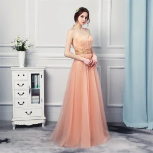 Stilig Orange Selskapskjoler 2019 Prinsesse Kjæreste Uten Ermer Rhinestone Beading Lange Buste Ryggløse Formelle Kjoler