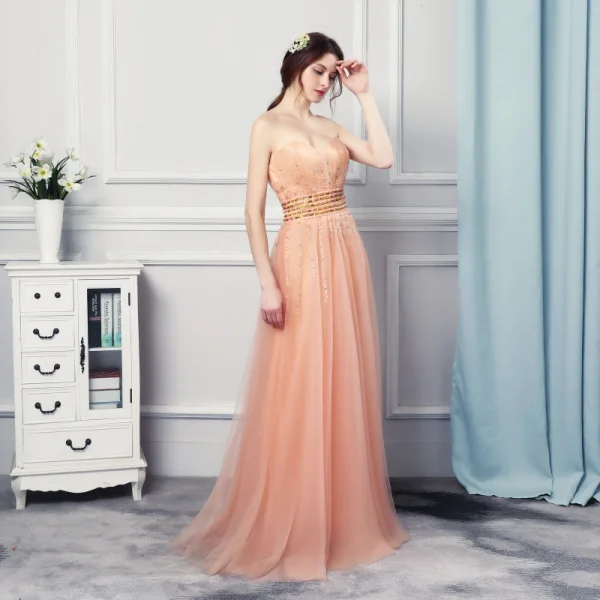 Stilig Orange Selskapskjoler 2019 Prinsesse Kjæreste Uten Ermer Rhinestone Beading Lange Buste Ryggløse Formelle Kjoler