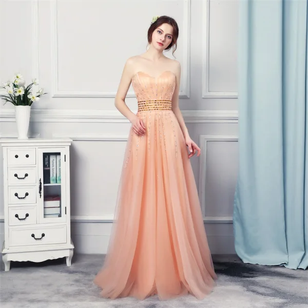 Stilig Orange Selskapskjoler 2019 Prinsesse Kjæreste Uten Ermer Rhinestone Beading Lange Buste Ryggløse Formelle Kjoler