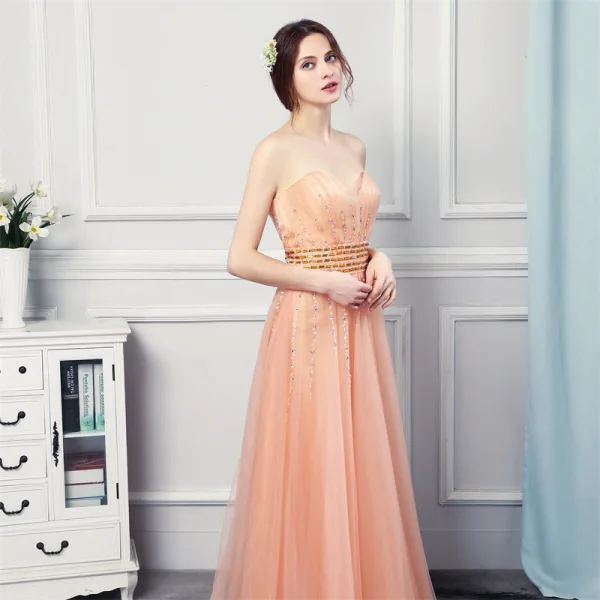 Stilig Orange Selskapskjoler 2019 Prinsesse Kjæreste Uten Ermer Rhinestone Beading Lange Buste Ryggløse Formelle Kjoler