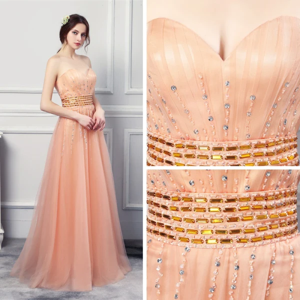 Stilig Orange Selskapskjoler 2019 Prinsesse Kjæreste Uten Ermer Rhinestone Beading Lange Buste Ryggløse Formelle Kjoler