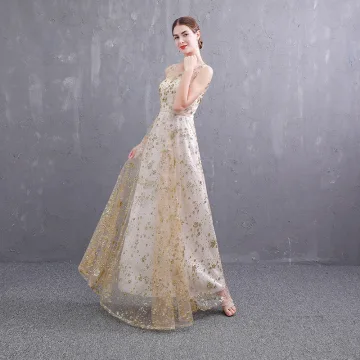 Affordable Gold See Through Evening Dresses 2019 A Line Princess Scoop Neck Sleeveless Sash Glitter Sequins Floor Length Long Ruffle Backless Formal Dresses