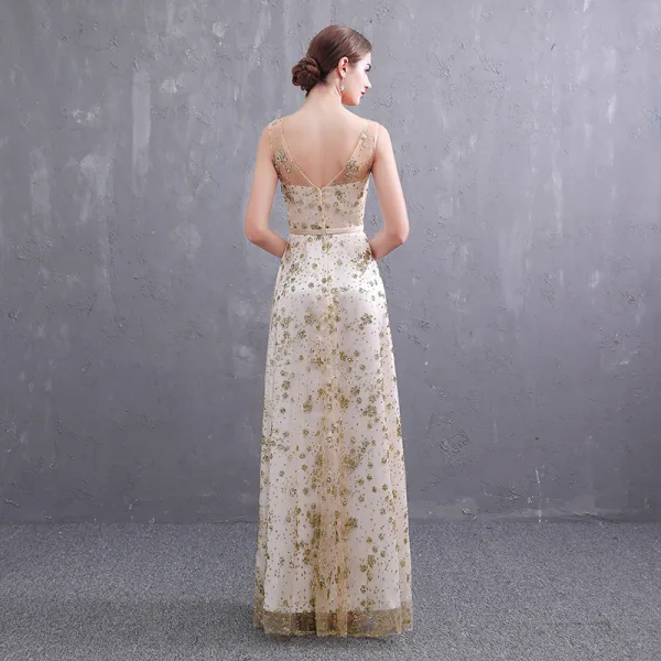 Abordable Doré Transparentes Robe De Soirée 2019 Princesse Encolure Dégagée Sans Manches Ceinture Glitter Paillettes Longue Volants Dos Nu Robe De Ceremonie