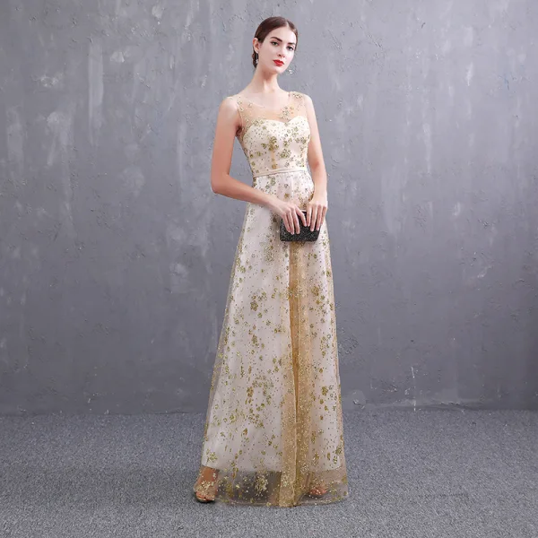 Abordable Doré Transparentes Robe De Soirée 2019 Princesse Encolure Dégagée Sans Manches Ceinture Glitter Paillettes Longue Volants Dos Nu Robe De Ceremonie