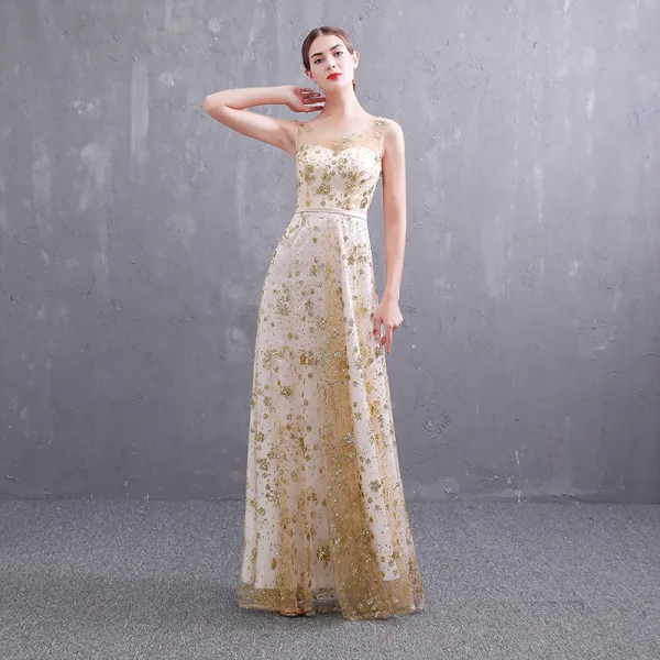 Abordable Doré Transparentes Robe De Soirée 2019 Princesse Encolure Dégagée Sans Manches Ceinture Glitter Paillettes Longue Volants Dos Nu Robe De Ceremonie