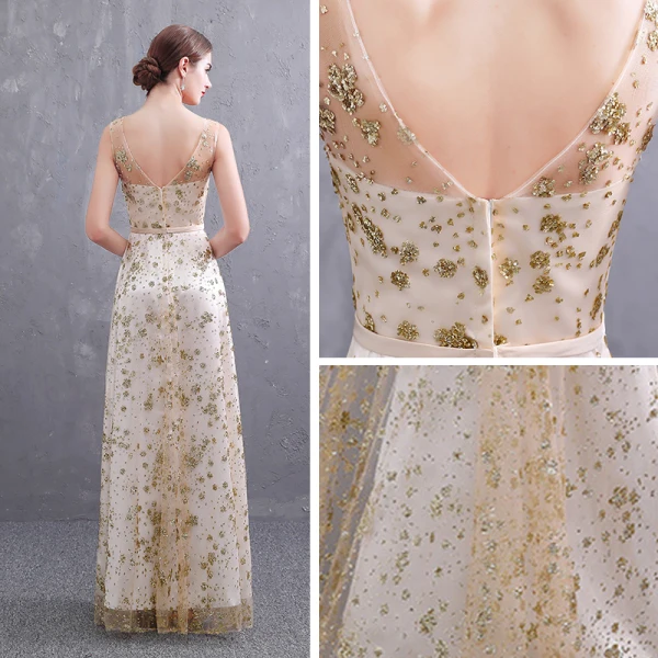 Abordable Doré Transparentes Robe De Soirée 2019 Princesse Encolure Dégagée Sans Manches Ceinture Glitter Paillettes Longue Volants Dos Nu Robe De Ceremonie