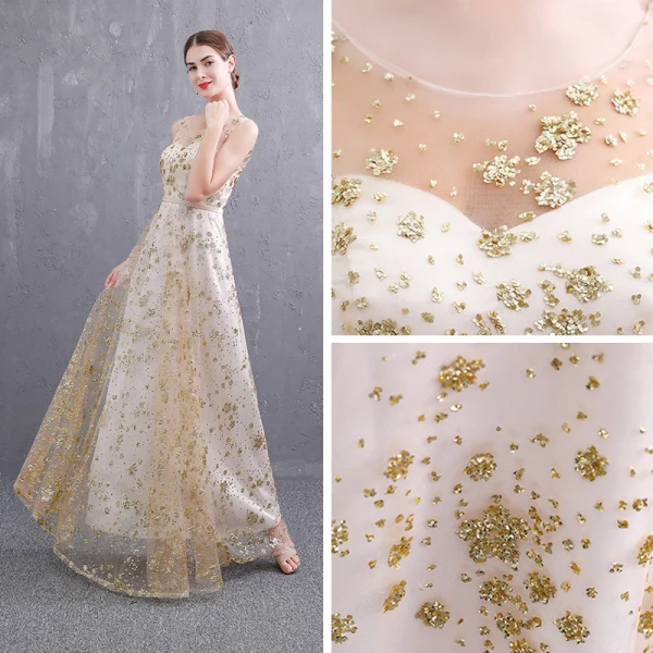 Abordable Doré Transparentes Robe De Soirée 2019 Princesse Encolure Dégagée Sans Manches Ceinture Glitter Paillettes Longue Volants Dos Nu Robe De Ceremonie